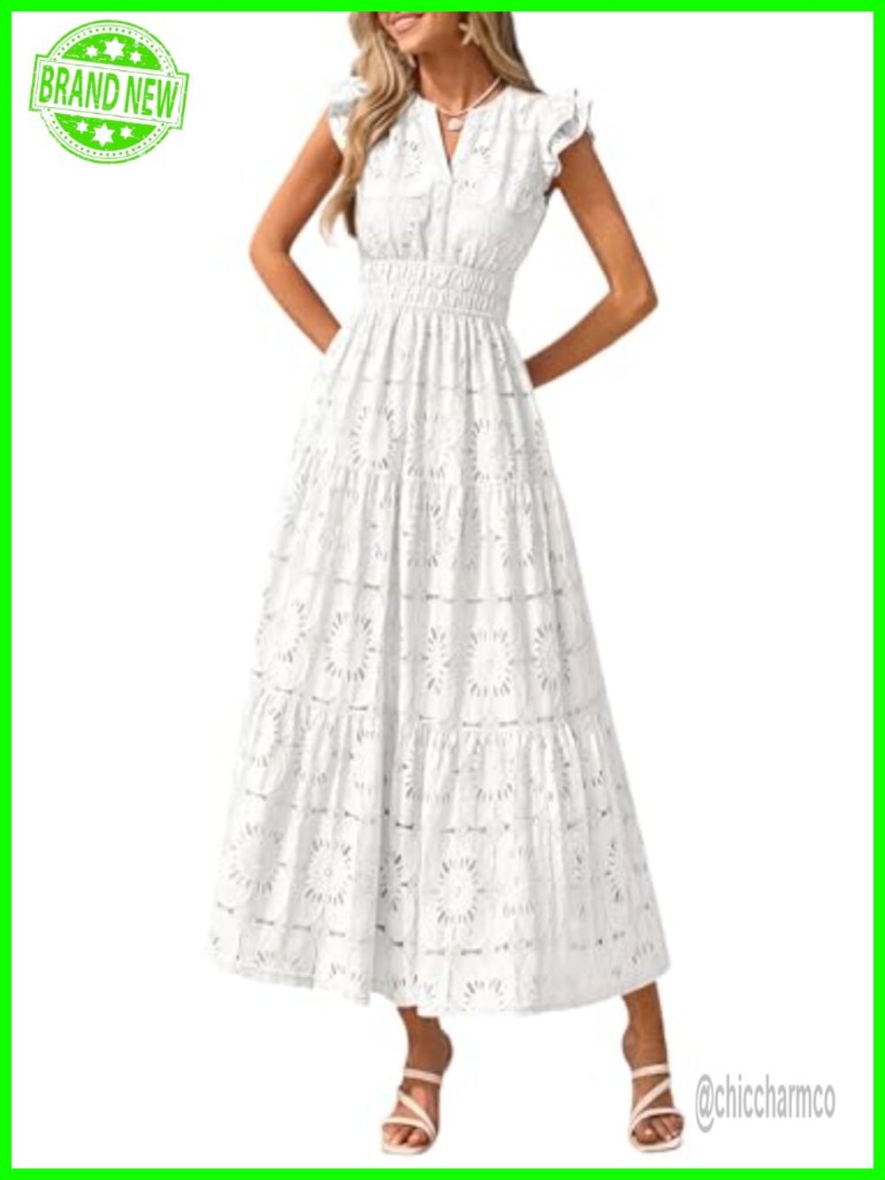 Women's Boho Maxi Dress V-Neck Eyelet Flutter Sleeve Fit & Flare Casual